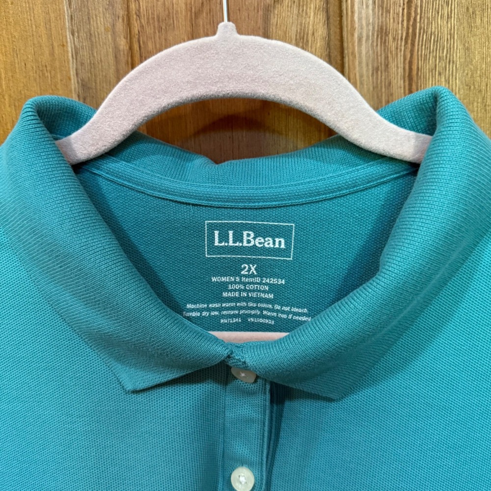 LL Bean Womens 2X Turquoise Blue Cotton Pique Short Sleeve Polo Shirt 242534